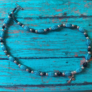 Vintage Blue Beaded Cross Necklace